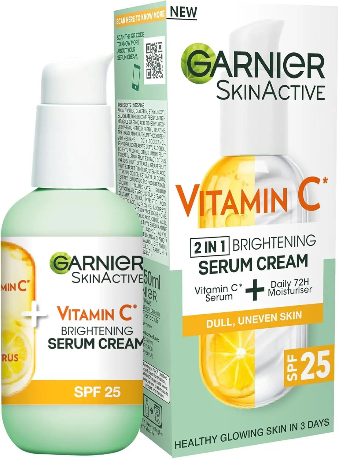 Garnier Vitamin C Brightening Cream SPF 25: Hydrates, Protects, & Brightens Skin. Natural, Cruelty-Free, 50ml. For All Skin Types.