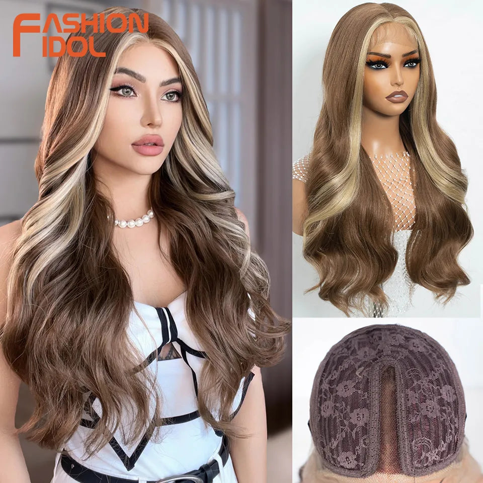 26 inch Body Wave 13*4*1 Lace Wigs For Women Dyed Wigs Synthetic With Baby Hair Wigs Ombre Brown Daily Wigs Cosplay