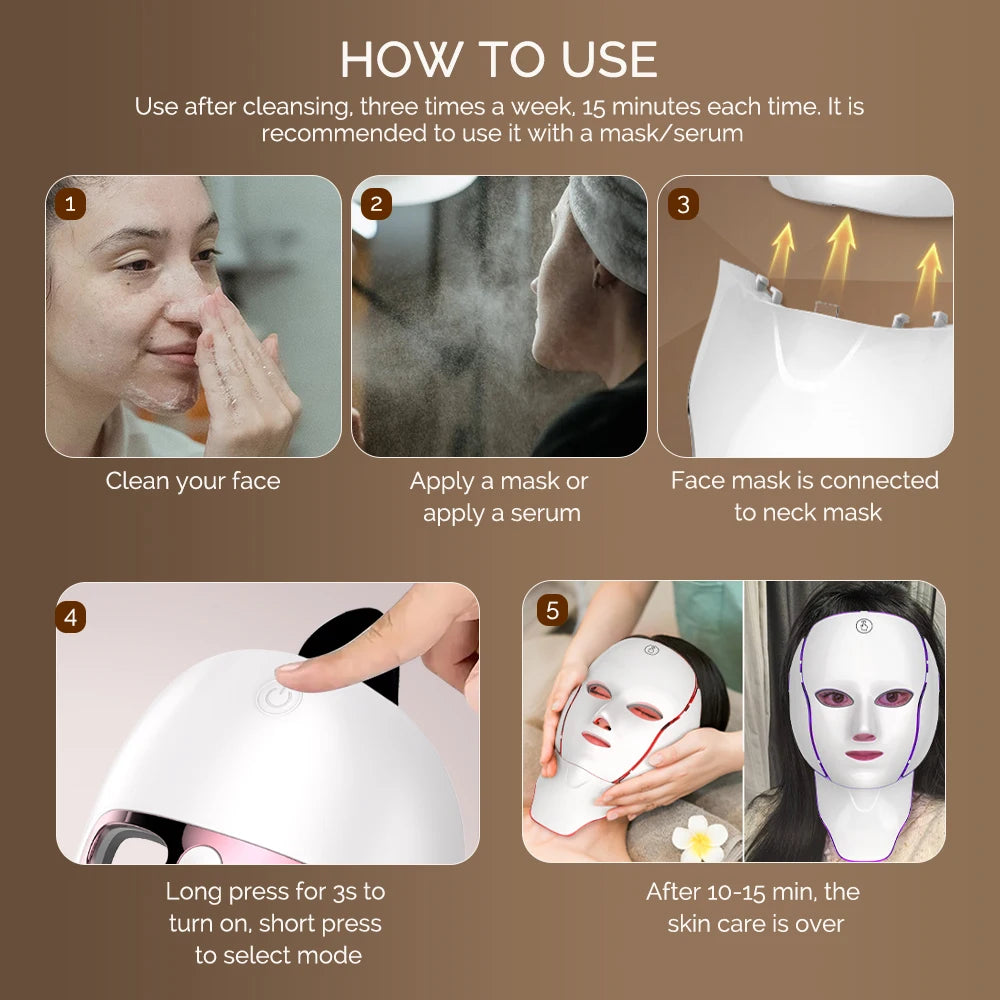 LED Facial Mask with Neck 7 Colors Light Therapy Red Light Facial Mask