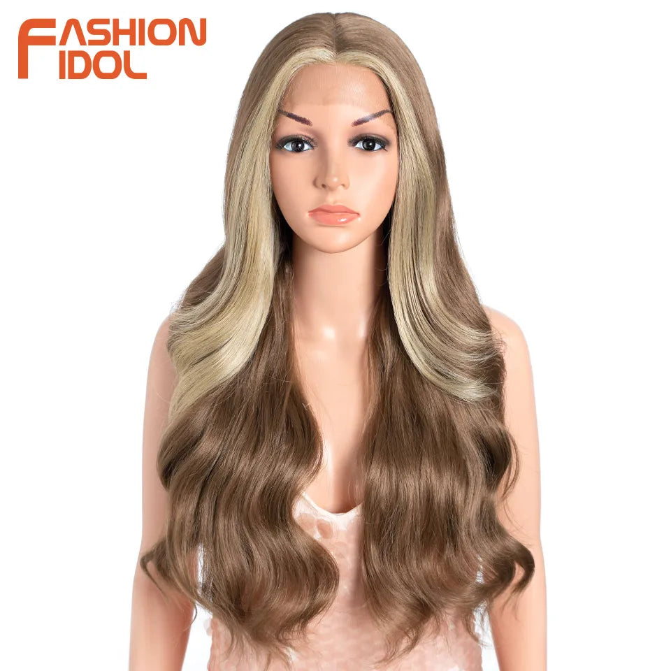 26 inch Body Wave 13*4*1 Lace Wigs For Women Dyed Wigs Synthetic With Baby Hair Wigs Ombre Brown Daily Wigs Cosplay