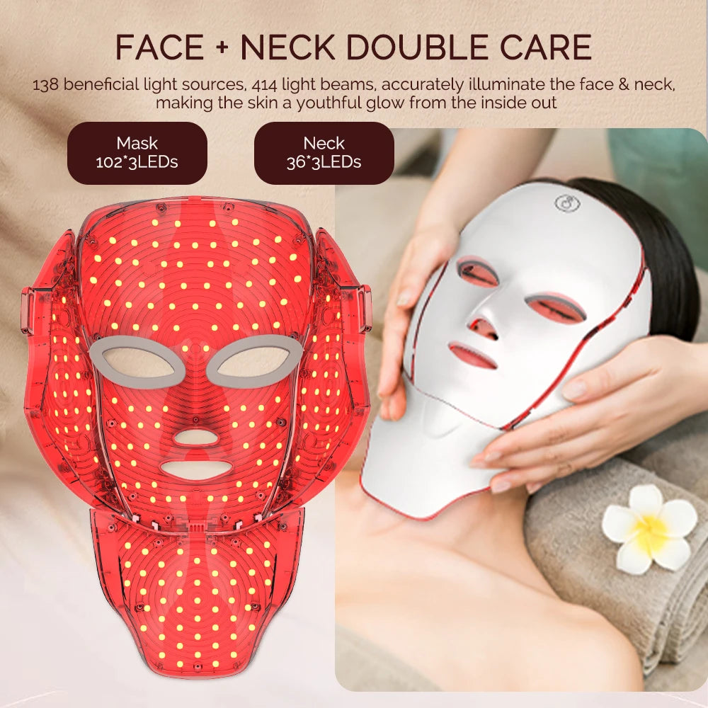 LED Facial Mask with Neck 7 Colors Light Therapy Red Light Facial Mask