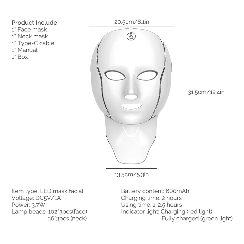 LED Facial Mask with Neck 7 Colors Light Therapy Red Light Facial Mask