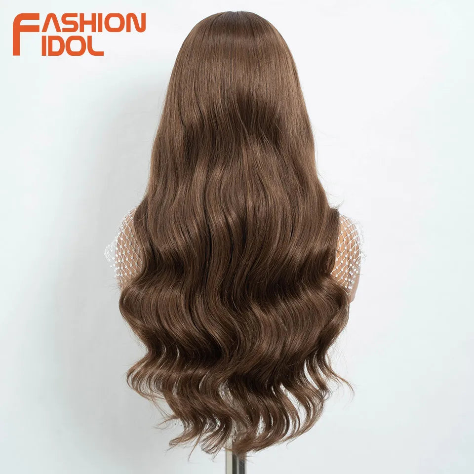 26 inch Body Wave 13*4*1 Lace Wigs For Women Dyed Wigs Synthetic With Baby Hair Wigs Ombre Brown Daily Wigs Cosplay