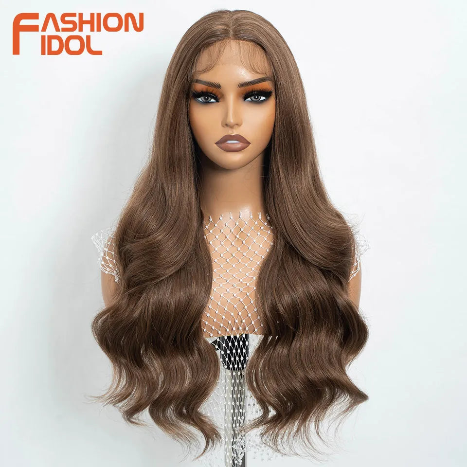 26 inch Body Wave 13*4*1 Lace Wigs For Women Dyed Wigs Synthetic With Baby Hair Wigs Ombre Brown Daily Wigs Cosplay