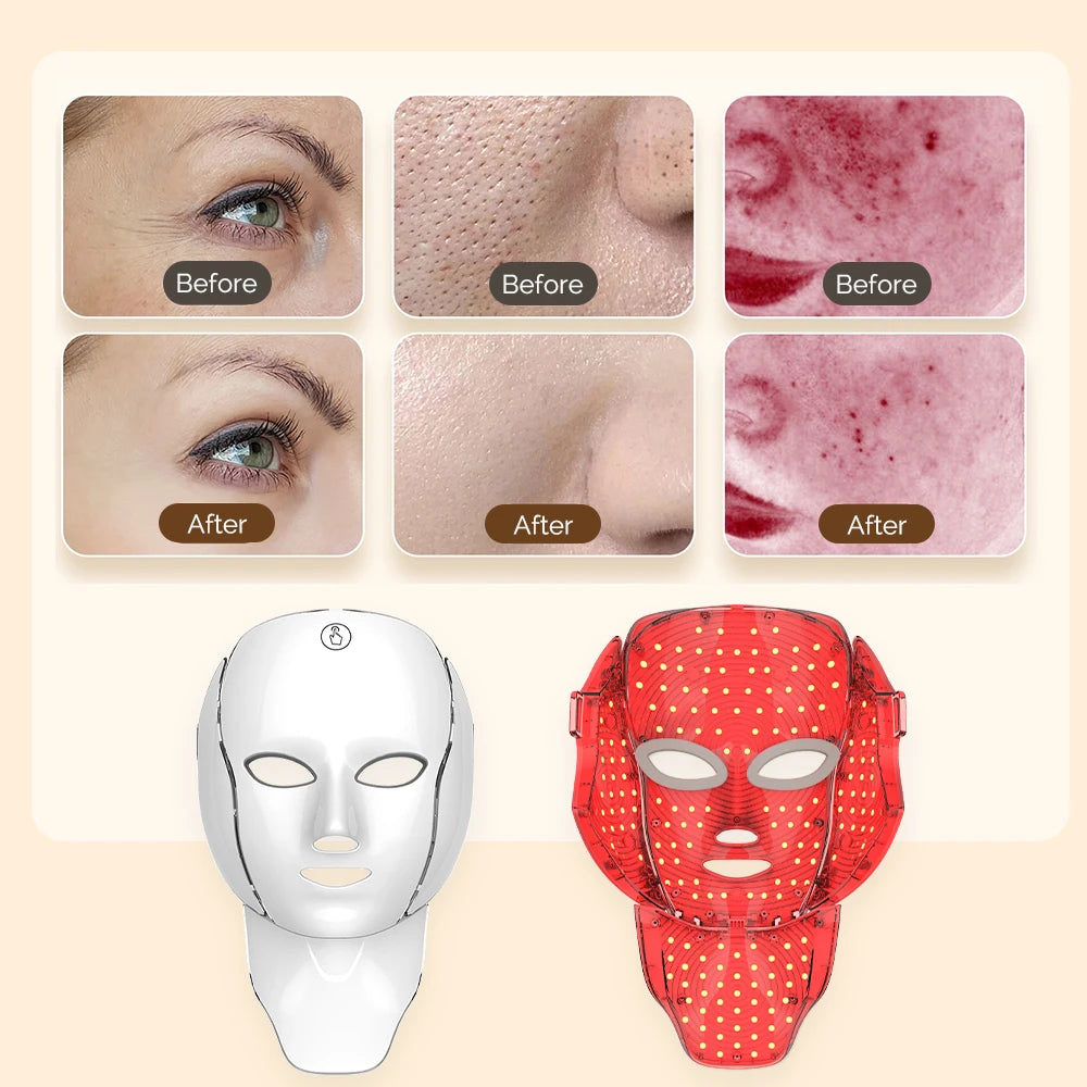 LED Facial Mask with Neck 7 Colors Light Therapy Red Light Facial Mask