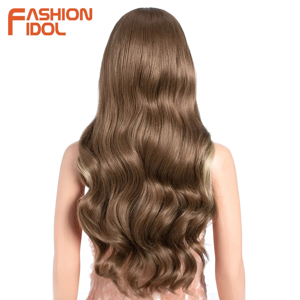 26 inch Body Wave 13*4*1 Lace Wigs For Women Dyed Wigs Synthetic With Baby Hair Wigs Ombre Brown Daily Wigs Cosplay