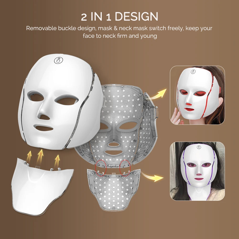 LED Facial Mask with Neck 7 Colors Light Therapy Red Light Facial Mask