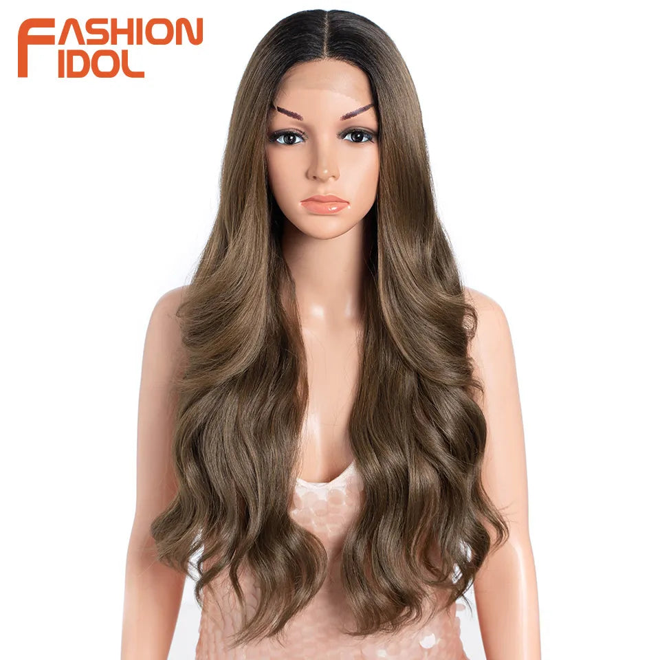 26 inch Body Wave 13*4*1 Lace Wigs For Women Dyed Wigs Synthetic With Baby Hair Wigs Ombre Brown Daily Wigs Cosplay