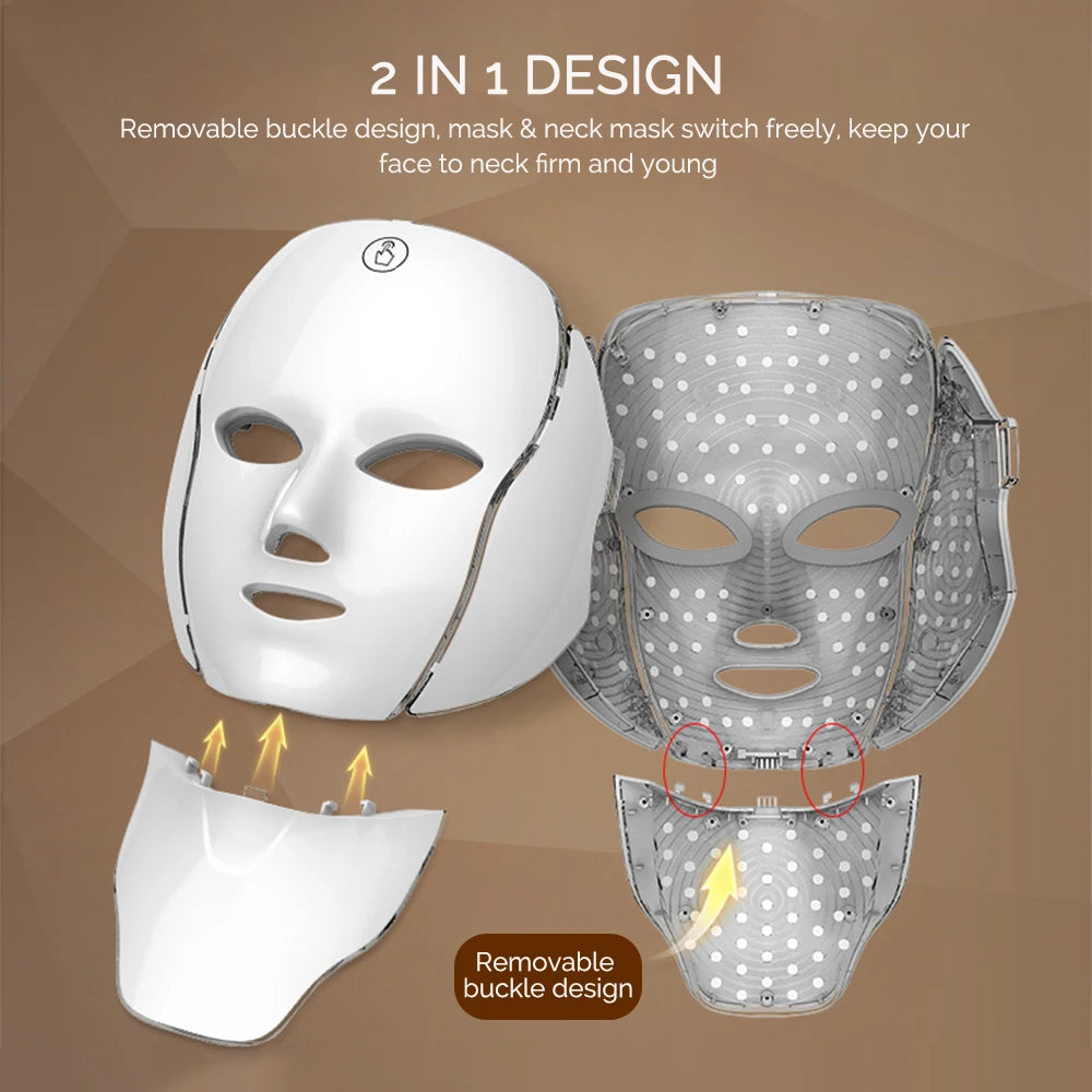 LED Facial Mask with Neck 7 Colors Light Therapy Red Light Facial Mask