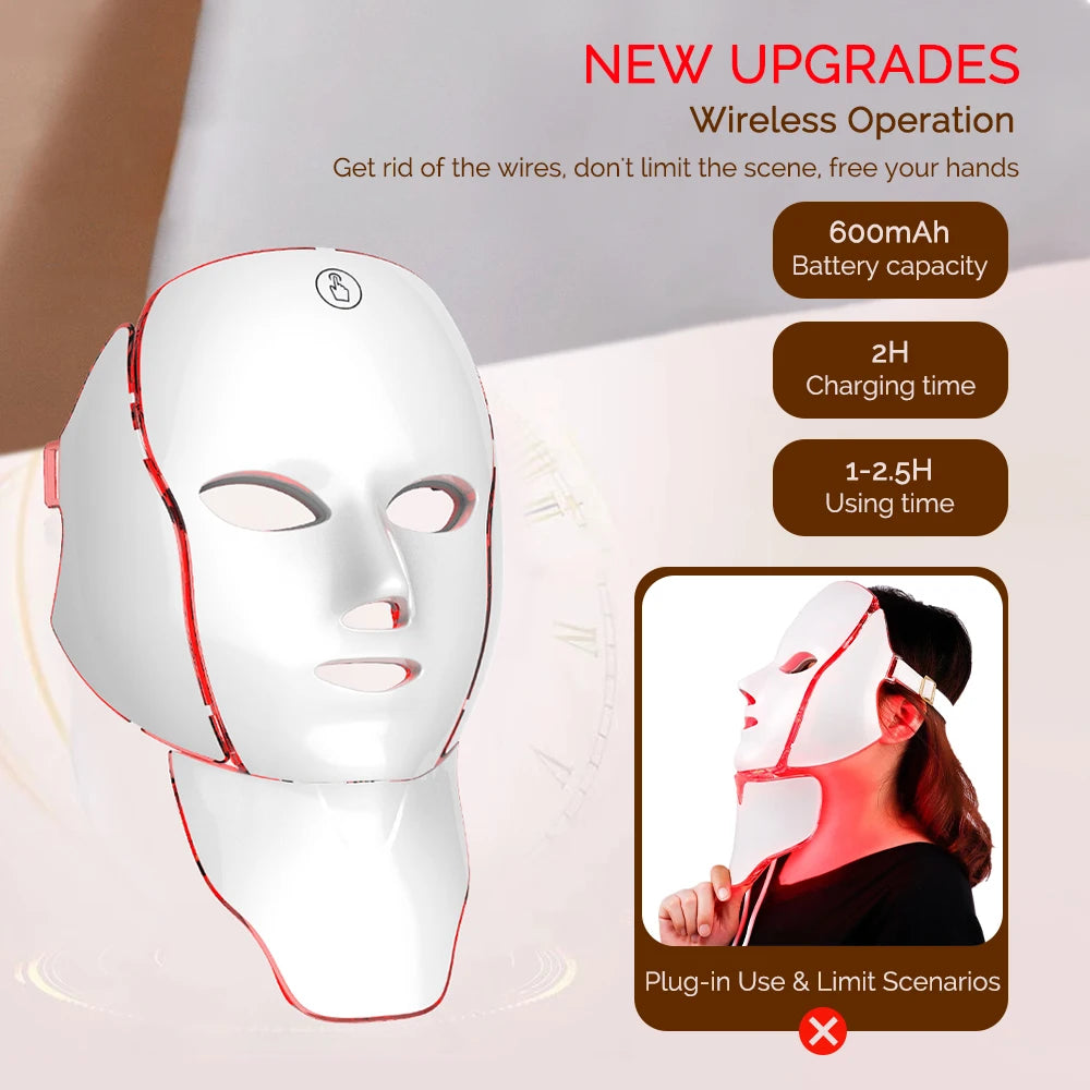 LED Facial Mask with Neck 7 Colors Light Therapy Red Light Facial Mask