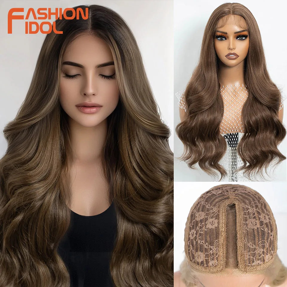 26 inch Body Wave 13*4*1 Lace Wigs For Women Dyed Wigs Synthetic With Baby Hair Wigs Ombre Brown Daily Wigs Cosplay