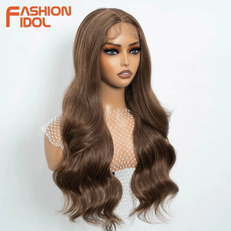 26 inch Body Wave 13*4*1 Lace Wigs For Women Dyed Wigs Synthetic With Baby Hair Wigs Ombre Brown Daily Wigs Cosplay